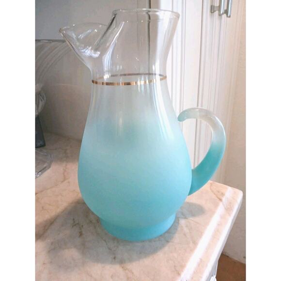 1950 West Virginia Blendo Glass Pitcher Frosted Turquoise Gold w Box Party MCM - Picture 1 of 16
